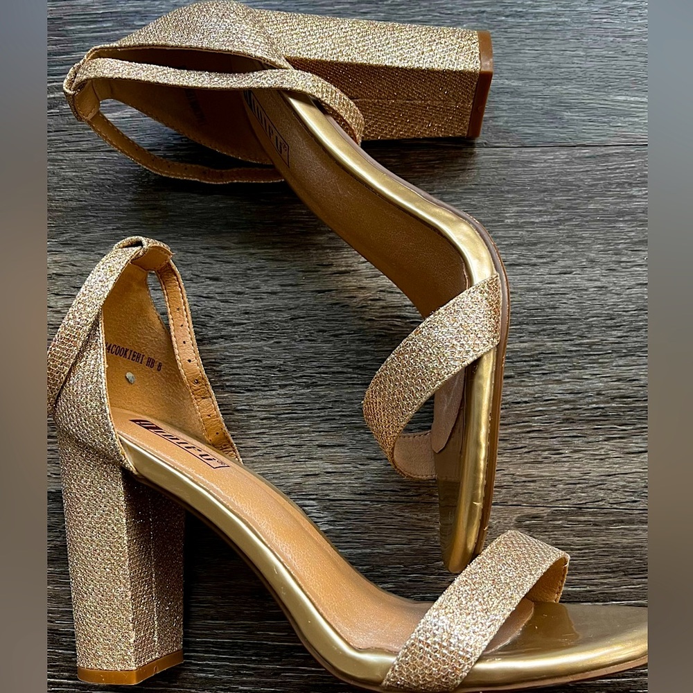 Gold Sparkly Chunky High Heels (Open Toe & Ankle Strap)